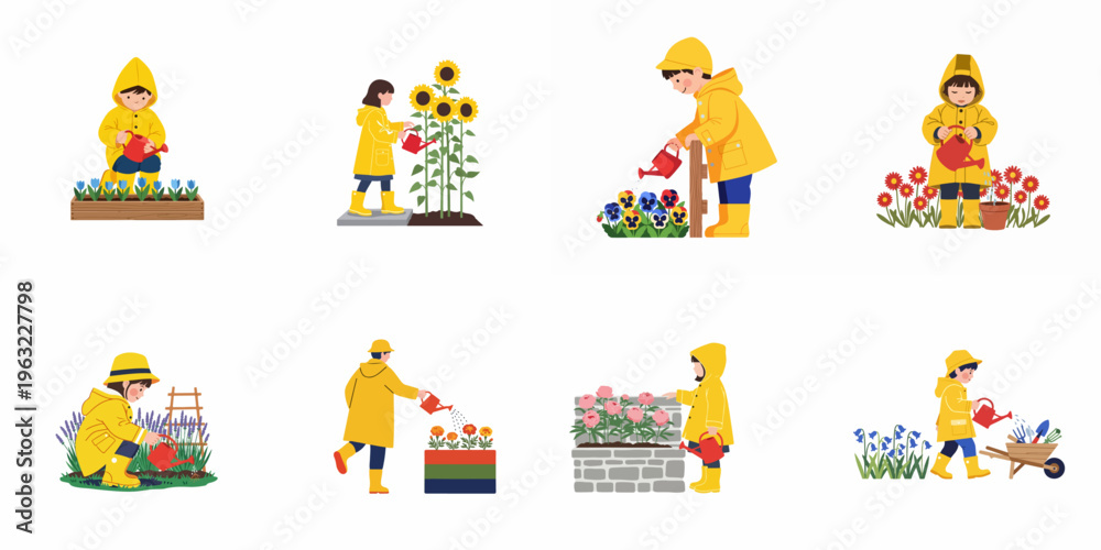Fototapeta premium Collection of flat vector illustrations featuring children in yellow raincoats and boots watering various colorful flowers in a garden setting.