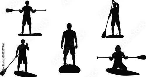 Set of black silhouettes featuring men and women stand up paddle boarding on water with paddles isolated on white background for summer vacation design