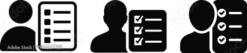 User profile with checklist and task management icon set for Business workflow, healthcare, medical administration. Management, candidate screening, task completion, and human resource planning.