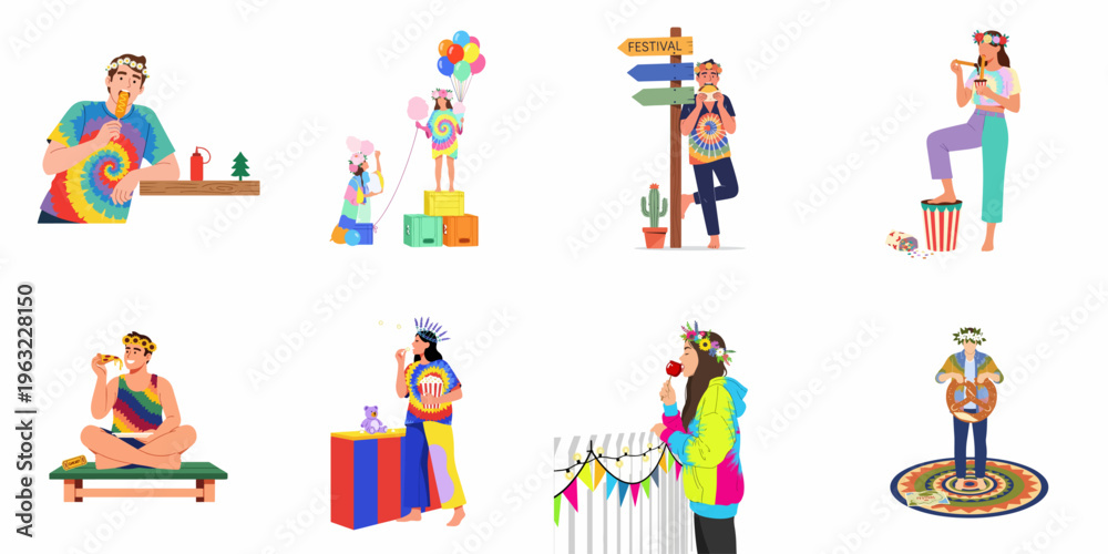 Fototapeta premium Collection of diverse people in colorful tie-dye clothing enjoying street food and fun activities at a vibrant summer outdoor festival.