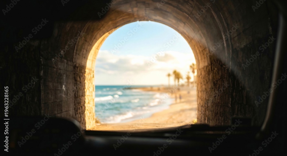 Fototapeta premium View of a sunny beach through a stone archway