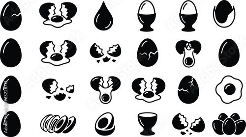 Egg icon set, black and white silhouette vector illustration of cracked, fried, boiled, and sliced eggs for breakfast food design