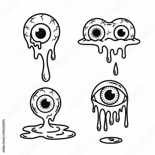 Cartoon melting eyeball illustrations in various creepy styles