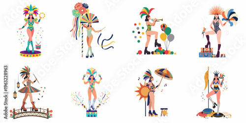 Billede på lærred Set of eight vibrant vector illustrations of women in elaborate carnival costumes, dancing, playing instruments, and celebrating a festive parade