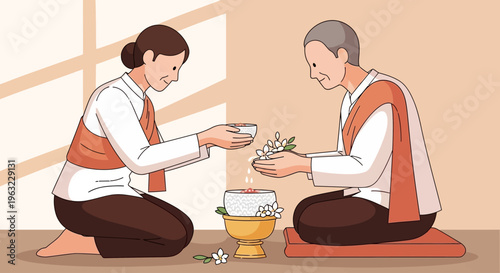 A reverent flat design illustration portraying a Rod Nam Dam Hua ceremony receiving a water blessing, highlighting the spiritual and respectful aspects of Songkran.