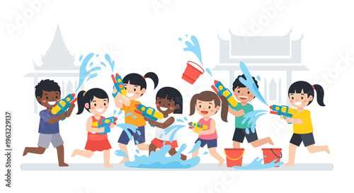 A cheerful flat design illustration capturing two children happily playing with water guns, embodying the youthful joy and energy of Songkran.