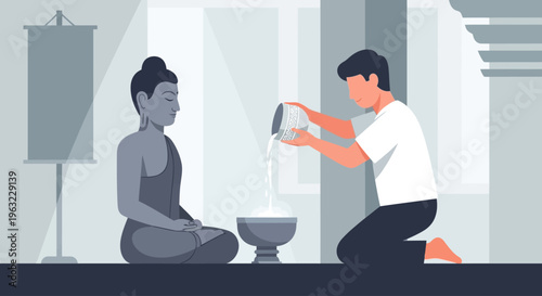 A reverent flat design illustration portraying a Budha bathing ceremony, highlighting the spiritual and respectful aspects of Songkran.