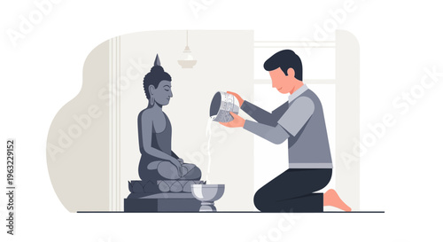 A reverent flat design illustration portraying a Budha bathing ceremony, highlighting the spiritual and respectful aspects of Songkran.