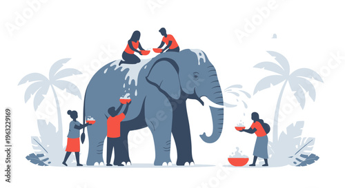 A cheerful flat design illustration of an elephant enjoying the Songkran festival, playfully splashing water with its trunk, highlighting the unique cultural experience.