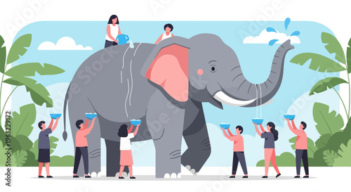 A cheerful flat design illustration of an elephant enjoying the Songkran festival, playfully splashing water with its trunk, highlighting the unique cultural experience.