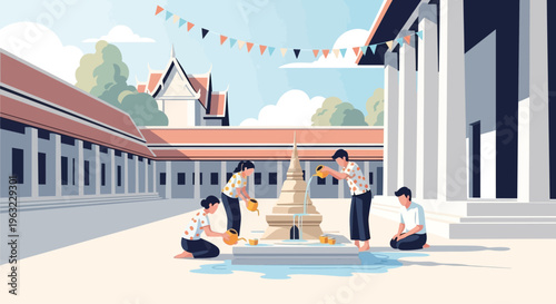 A serene flat design illustration showcasing the traditional Songkran water pouring ritual, symbolizing respect, purification, and good fortune for elders.