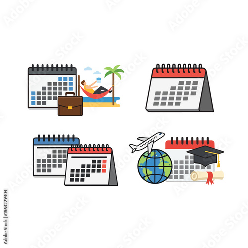 four calendar icons for travel education and vacation planning