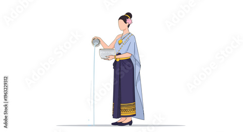 A serene flat design illustration showcasing the traditional thai dress for songkran festival
