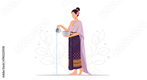 A serene flat design illustration showcasing the traditional thai dress for songkran festival