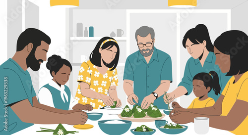 A delectable flat design illustration highlighting the preparation of traditional songkran food with family and friends