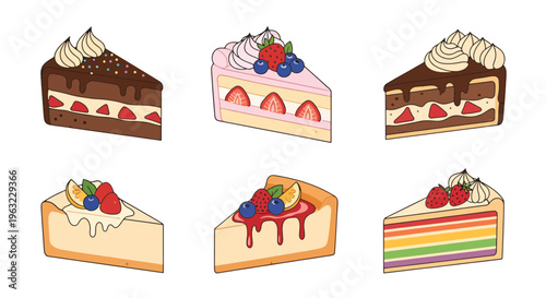 Assorted cheesecake and chocolate cake slices with toppings