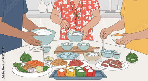A delectable flat design illustration highlighting the preparation of traditional songkran food with family and friends