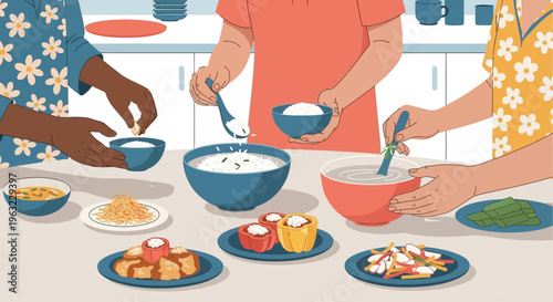 A delectable flat design illustration highlighting the preparation of traditional songkran food with family and friends