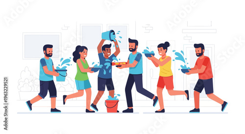 Dynamic flat design illustration capturing the joyful spirit of Songkran with people engaging in a lively water fight, symbolizing renewal and festivity.