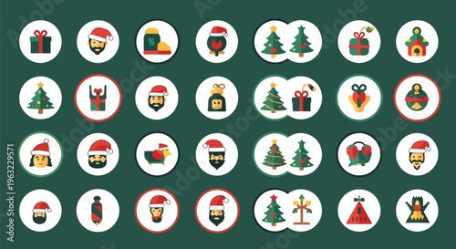 Christmas Icons Set with Trees Gifts and Santa Hats on Green Background