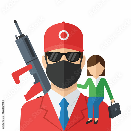 Armed man in red uniform holding a woman hostage