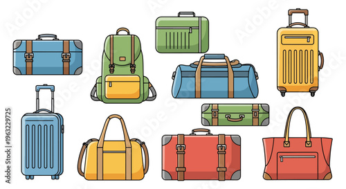 Collection of colorful luggage and travel bags on white background