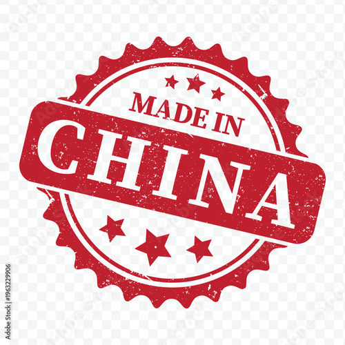 Made in China vintage postage stamp featuring red scalloped border with distressed grunge texture design