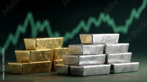 gold and silver bars with rising financial graph, precious metals investment growth concept with gold and silver, bullion wealth and market uptrend financial success concept