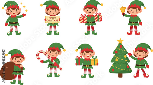 Adorable collection of Christmas elf vector characters featuring cute little helpers with gift boxes, candy canes, sacks of toys, and festive holiday bells isolated on white.