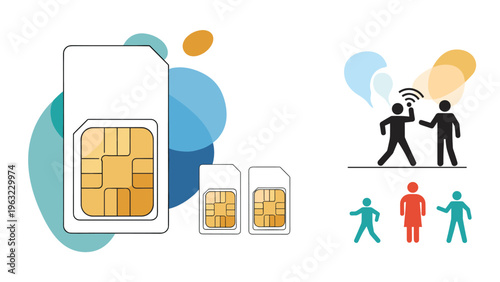 Large sim card with silhouettes of people using mobile phones and speech bubbles representing global telecommunication and connectivity.