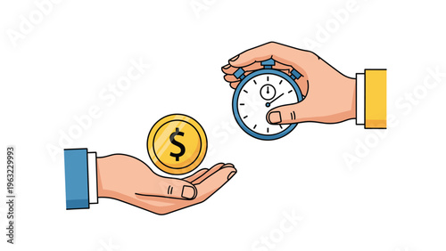Hand holding a stopwatch meets another hand offering a gold dollar coin representing the value of time and efficient business management.