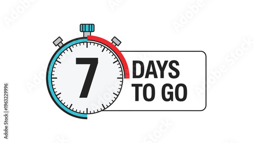 Simple stopwatch illustration with a red segment indicating a countdown of seven days remaining for an important deadline or event launch.