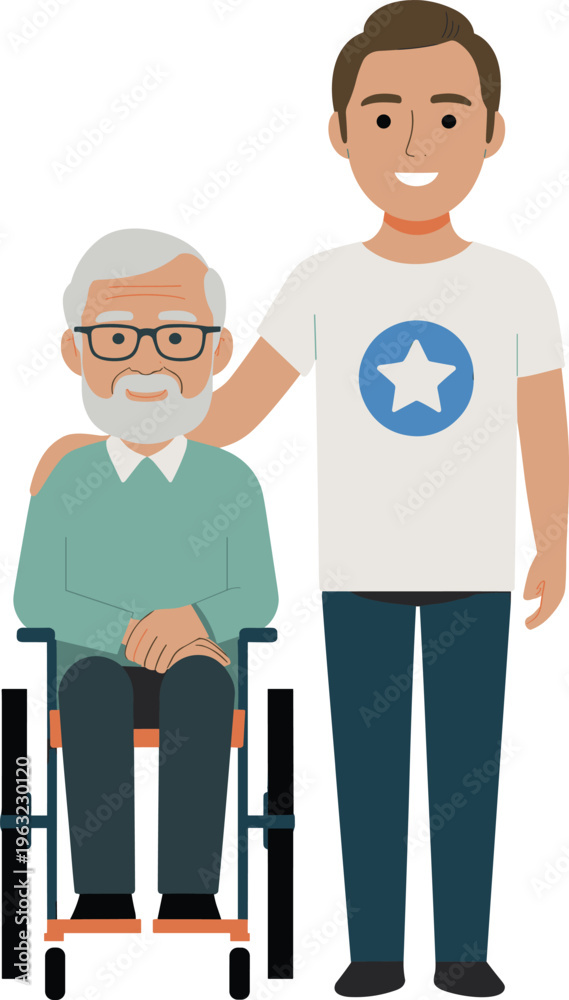 Obraz premium Young man assisting elderly man in wheelchair, caregiving support concept, family help and healthcare flat vector illustration