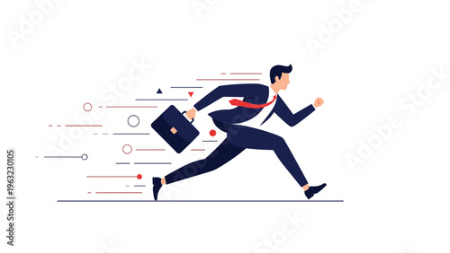 Professional businessman running with a briefcase at high speed towards his career goals and future project deadlines.