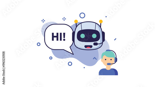 Customer service support comparison between an artificial intelligence chatbot and a human representative with headsets.