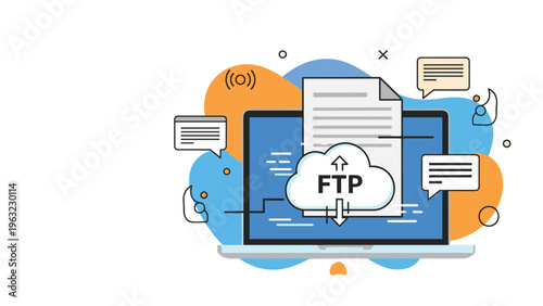 File transfer protocol concept shown on a laptop screen with cloud storage icons and digital communication speech bubbles.