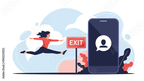 Young woman jumping over a red exit sign to escape a smartphone, representing the concept of digital detox and social media break.