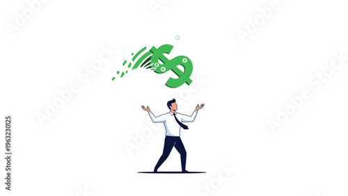 Ambitious businessman looking up at a large green flying dollar sign with wings representing financial goals and money chasing.