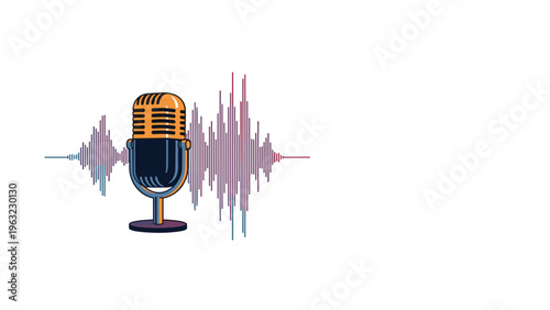 Classic vintage style microphone for radio broadcasting or podcasting with colorful digital sound waves on a white background.
