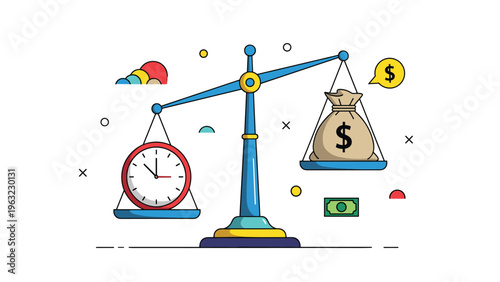 Balanced scale weighing a red wall clock against a brown money bag with a dollar sign representing the concept of time is money.