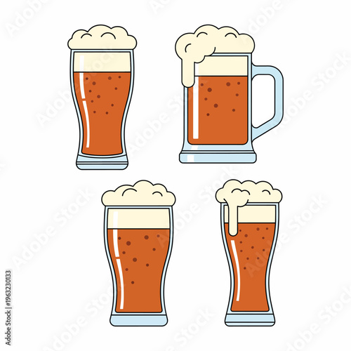 Four glasses of beer with frothy heads on white background