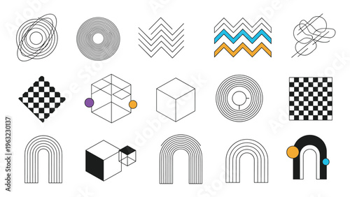 Large collection of minimalist abstract geometric shapes and icons including cubes, circles, waves, and patterns for modern design.
