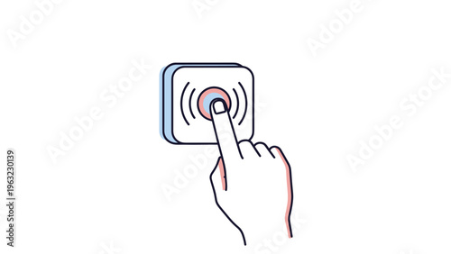 Close up illustration of a human hand pressing a square doorbell button with signal waves emitting from the center of the device.