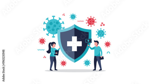 Man and woman holding a large medical shield to protect themselves from various colorful virus particles in the air for healthcare.