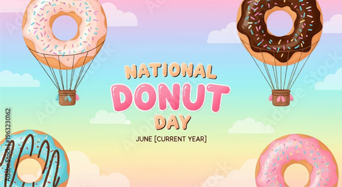 Colorful donuts in hot air balloons on rainbow background celebrating national donut day with sweet treats