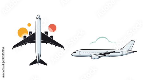 Top down view of a large commercial airplane and a side profile view of a passenger jet flying in the sky for travel and aviation theme.