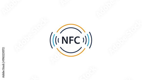 Blue and yellow nfc logo with signal waves representing near field communication technology for contactless payments and data sharing.