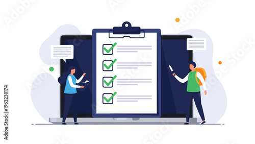 Team of two people standing in front of a giant laptop screen with a large checklist to manage tasks and track business goals online.