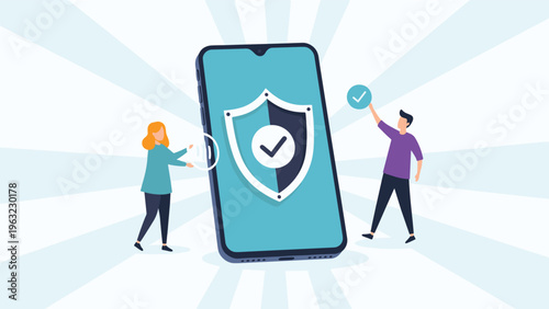 Mobile security concept with two people standing next to a large smartphone featuring a shield icon to represent personal data protection.
