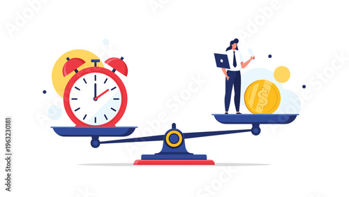 Scale balancing a large red alarm clock and a businesswoman holding a gold coin representing the constant struggle for time and money.